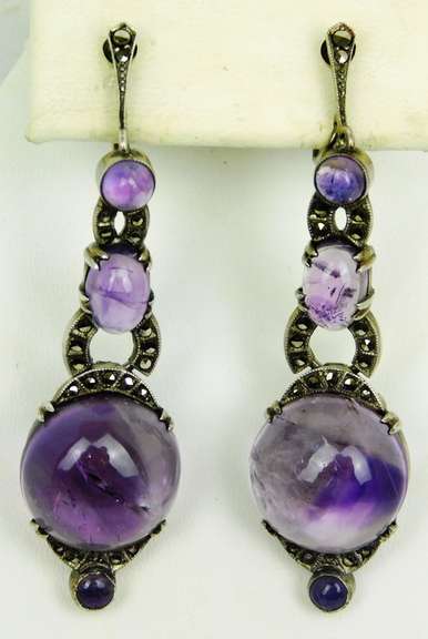 Finest Antique 930 Sterling Amethyst Cabochon Earrings