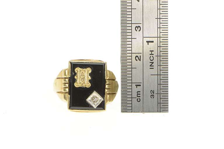 10K Yellow Gold H Monogram Black Onyx Diamond Accent Ring