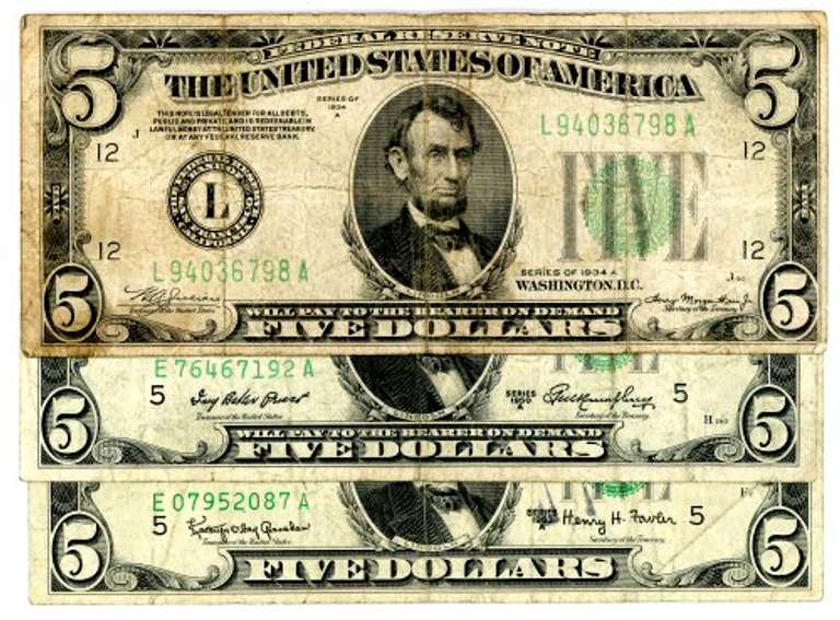 3 Different $5 Green Seal Federal Reserve Notes 1934-A, 1950-A, & 1963-A