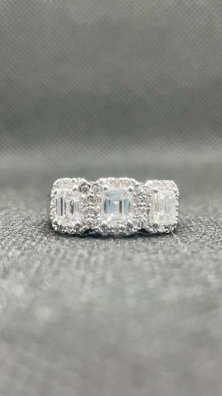 HALO 3 STONE EMERALD ENGAGEMENT RING IN 14K WHITE GOLD