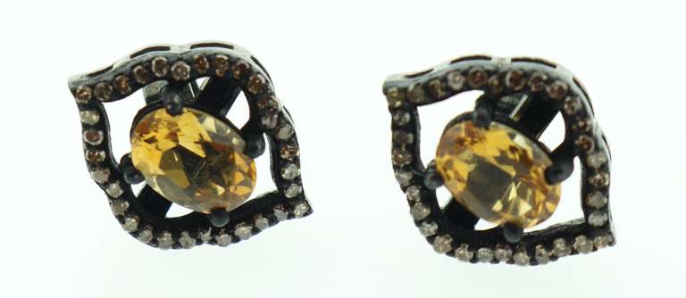 Ripe Citrine Earrings with Dark Silver and Diamond Accents