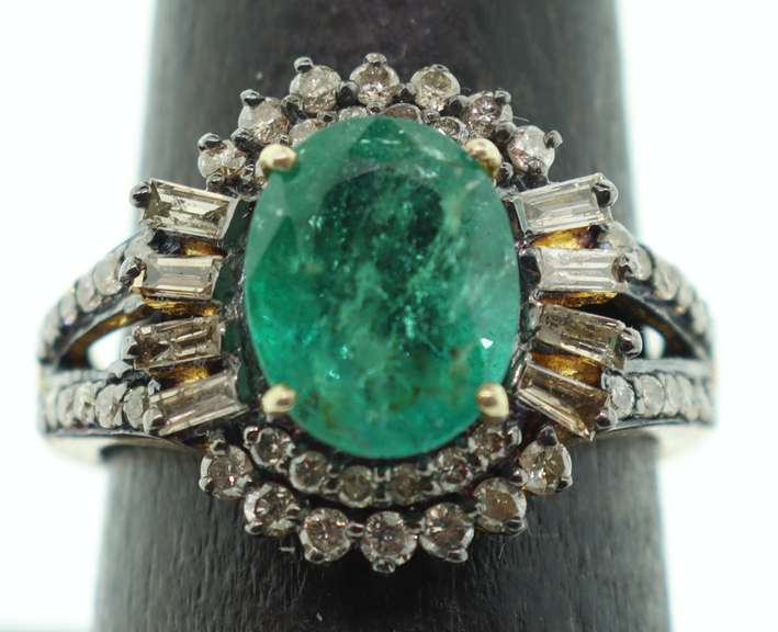Enchanting Emeral Ring with Round and Baguette Diamonds on a Gold Plated Silver Band