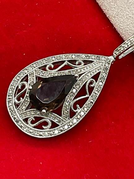 BRAND NEW 14K white gold  smokey quartz and diamond pendant and chain.