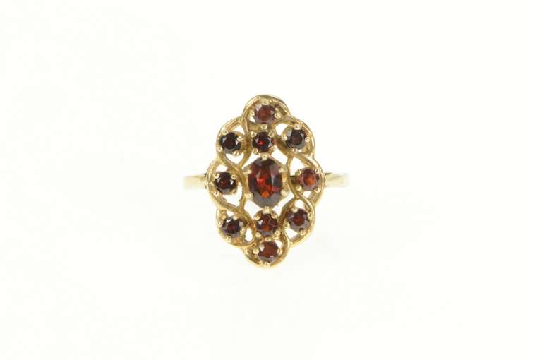 14K Yellow Gold Oval Garnet Twist Halo Vintage Cocktail Ring