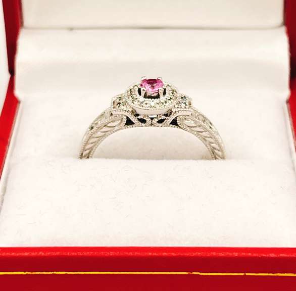 10kt Solid White Gold, Pink Sapphire, & Diamond Ring