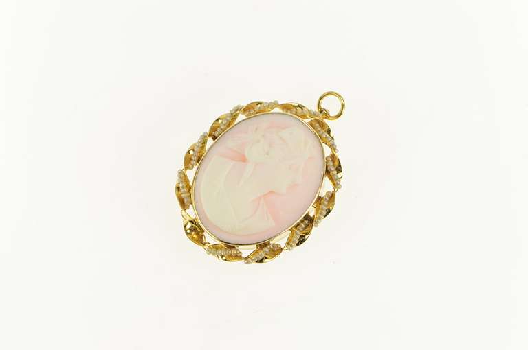 10K Yellow Gold Pink Carved Coral Cameo Seed Pearl Twist Pin/Brooch