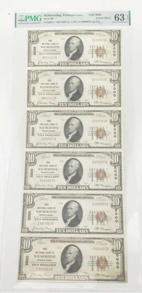 (6) Uncut Sheet 1929 $10 FR#1801-1 Nat'l Currency PMG - 63 EPQ Choice UNC