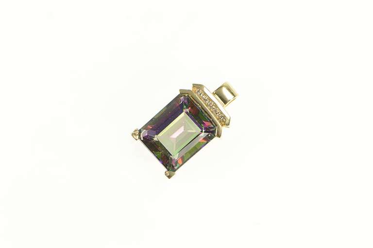 14K Yellow Gold Emerald Cut Mystic Topaz Diamond Accent Pendant
