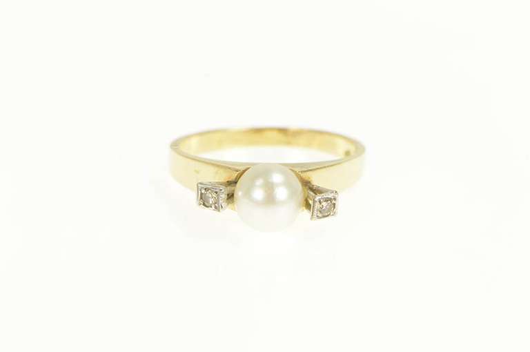14K Yellow Gold 1940's Pearl Diamond Accent Engagement Ring