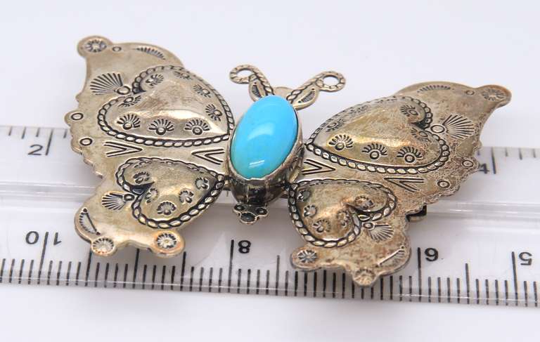Vintage 925 Sterling Silver Signed Turquoise Butterfly Pendant Brooch