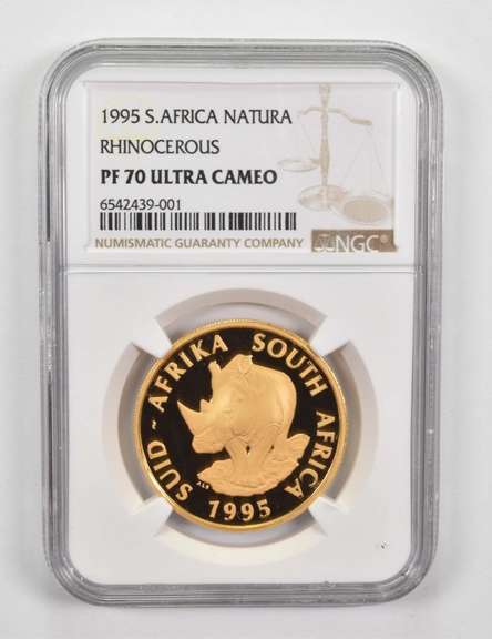 PF70 UCAM 1995 South Africa 1 Oz .999 Fine Gold Natura Rhinoceros NGC