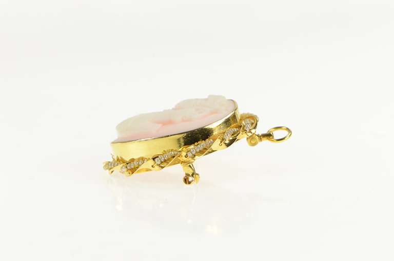 10K Yellow Gold Pink Carved Coral Cameo Seed Pearl Twist Pin/Brooch