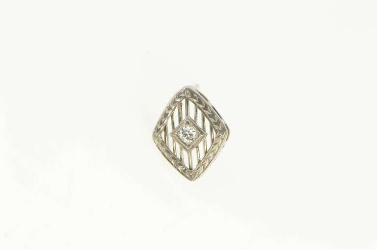 14K White Gold Art Deco Diamond Squared Filigree Single Stud Earring