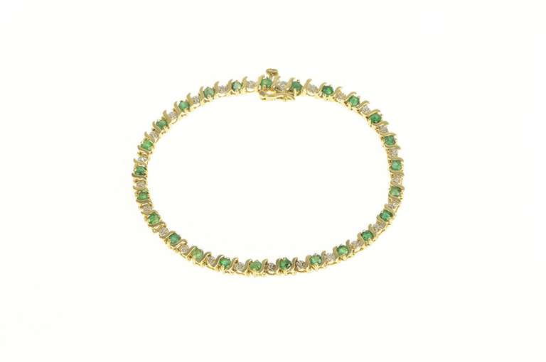 14K Yellow Gold Natural Emerald Diamond Classic Tennis Bracelet