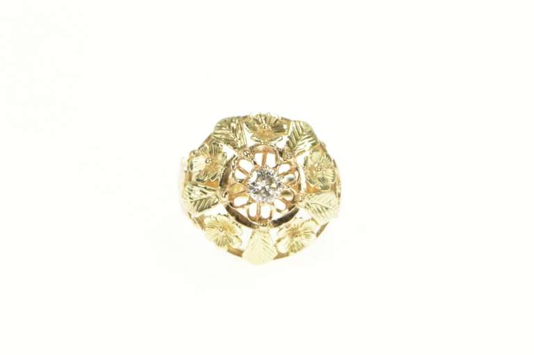 14K Yellow Gold 0.33 Ct Diamond Floral Leaf Domed Engagement Ring