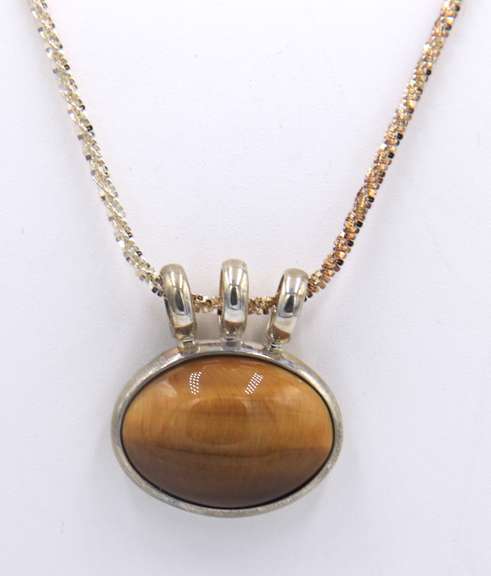 Vintage 925 Sterling Silver Tiger of Eye Pendant on Chain