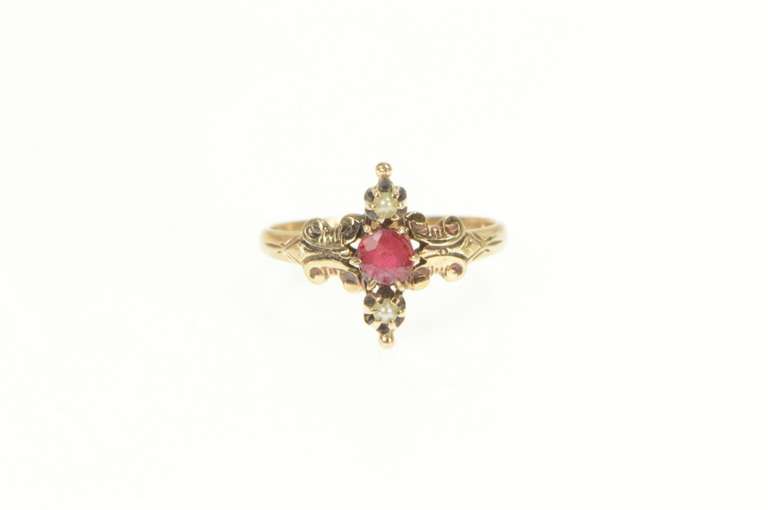 14K Yellow Gold Victorian Syn. Ruby Seed Pearl Statement Ring