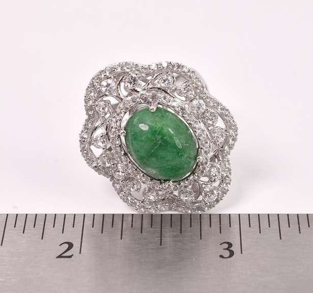 Mesmerizing 7.75CTS Cabochon-Cut Natural Emerald & 2.35CTW White Sapphire Ring in Sterling Silver