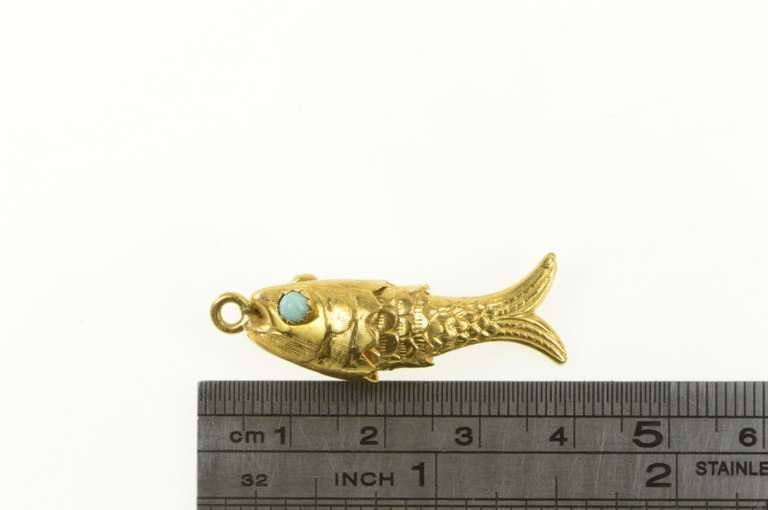 14K Yellow Gold 1940s Turquoise Eyed Articulated Fish 3D Charm/Pendant