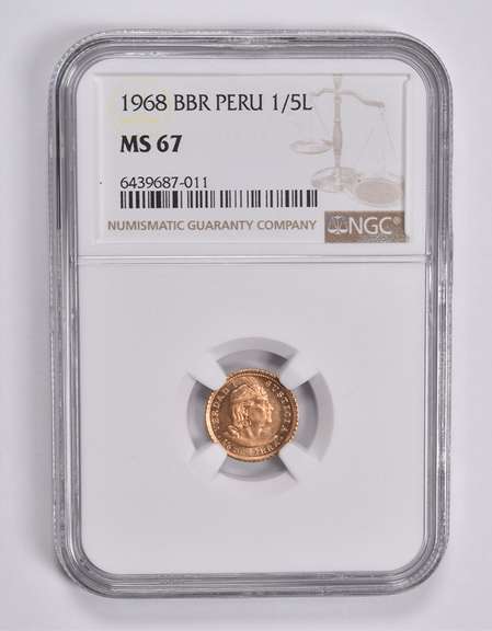 MS67 1968 BBR Peru 1/5 Lima Gold Coin NGC