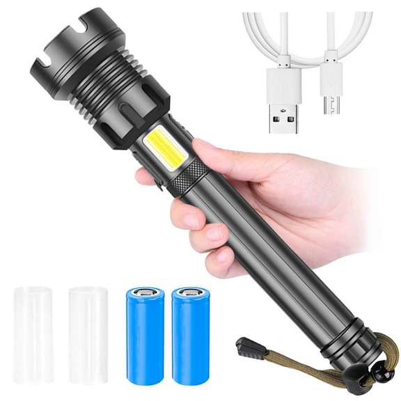 LED Flashlight with COB light Zoomable 26650 Battery