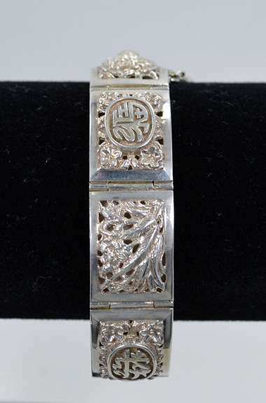 Vintage 925 Silver Panel Link Bracelet With Chinese Symbols, Box Clasp, Safety Chain, and Two Little Charms