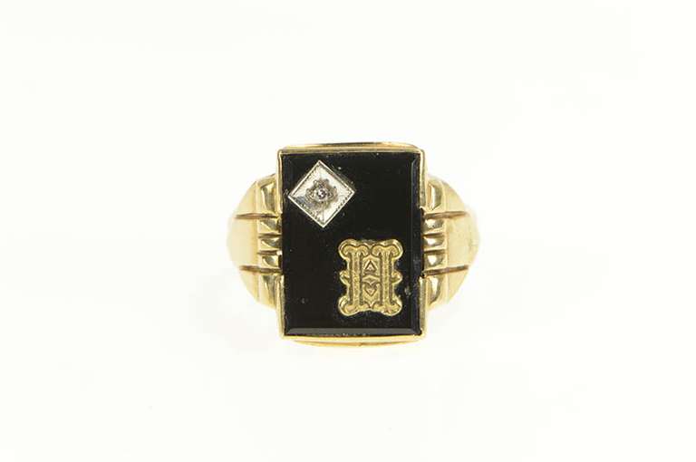 10K Yellow Gold H Monogram Black Onyx Diamond Accent Ring