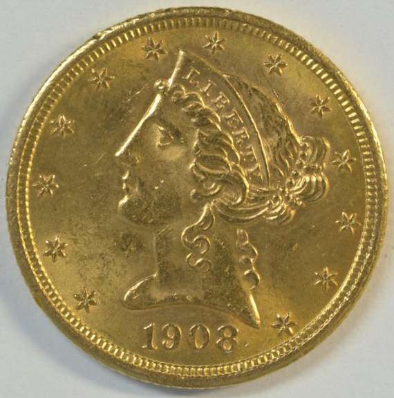 Vibrant BU 1908 US $5 Liberty Gold Piece. Full strike