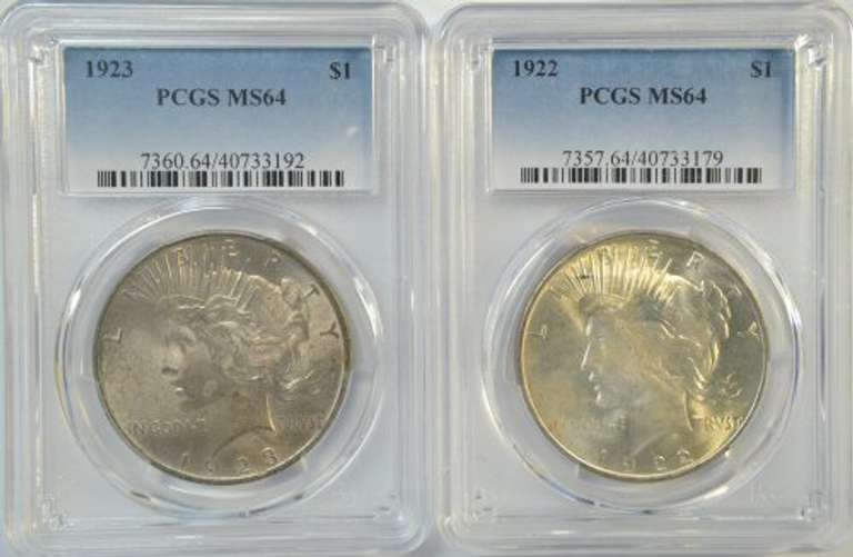 Near Gem BU 1922 & 1923 Peace Silver Dollars. PCGS MS64