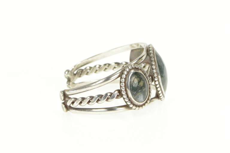 Sterling Silver Oval Moss Agate Cabochon Southwestern Cuff Bracelet