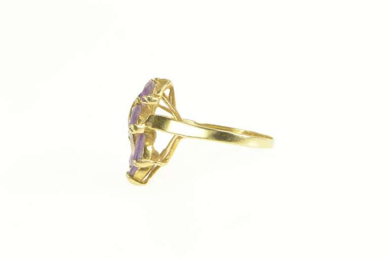 14K Yellow Gold Marquise Amethyst Diamond Wavy Leaf Cluster Ring