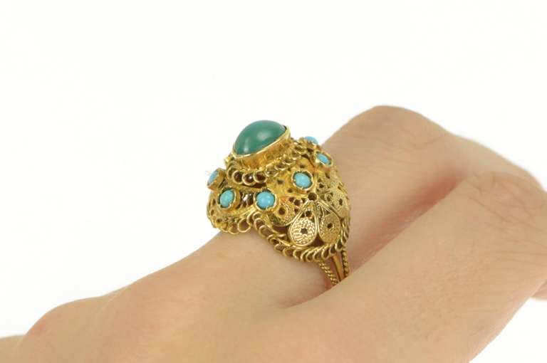 18K Yellow Gold Elaborate Turquoise Oval Domed Filigree Ring
