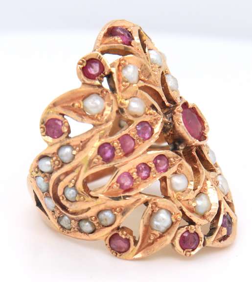 Wonderful Yellow Gold Indian Style Ruby and Diamond Wide Ring