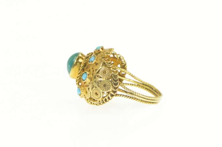 18K Yellow Gold Elaborate Turquoise Oval Domed Filigree Ring