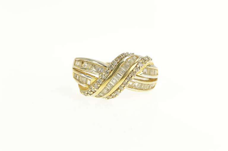18K Yellow Gold White Topaz Encrusted Criss Cross Statement Ring