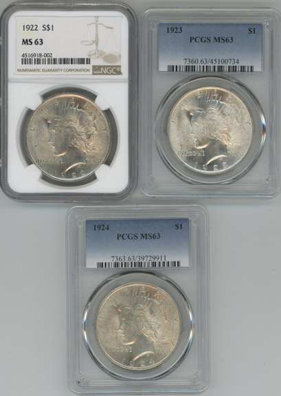 Choice BU 1922, 23 & 24 Peace Silver Dollars NGC & PCGS MS63
