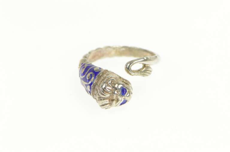 Sterling Silver Blue Enamel 3D Tiger Lion Ornate Wrap Ring
