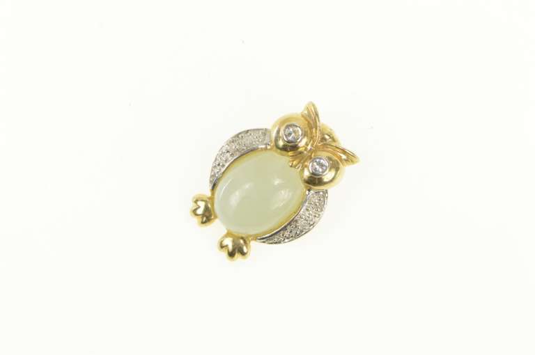 14K Yellow Gold Opal Diamond Eyed Jade Owl Wisdom Animal Pendant