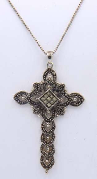 Vintage 925 Sterling Silver Marcasite Cross Pendant on Chain
