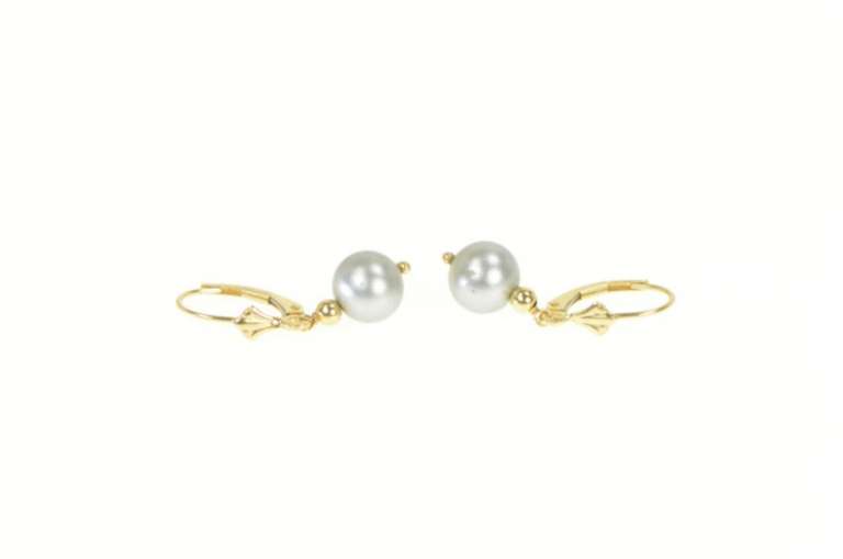 14K Yellow Gold 7.8mm Grey Pearl Dangle Lever Back Earrings