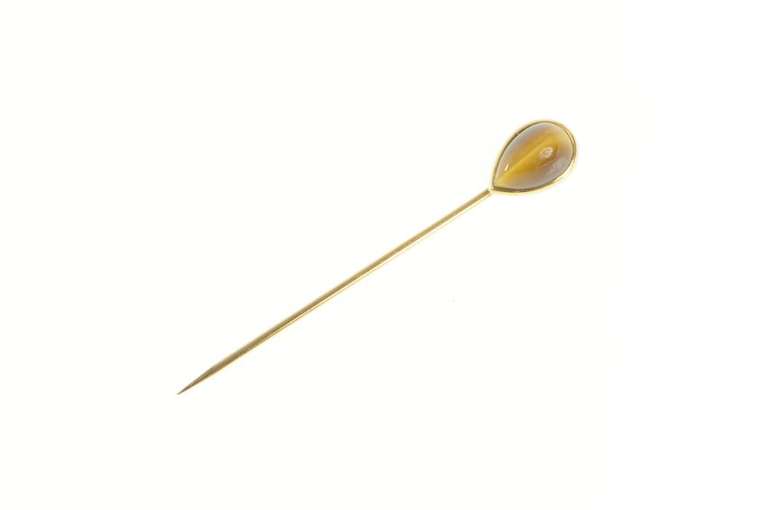 18K Yellow Gold Pear Tiger's Eye Cabochon Ornate Vintage Stick Pin