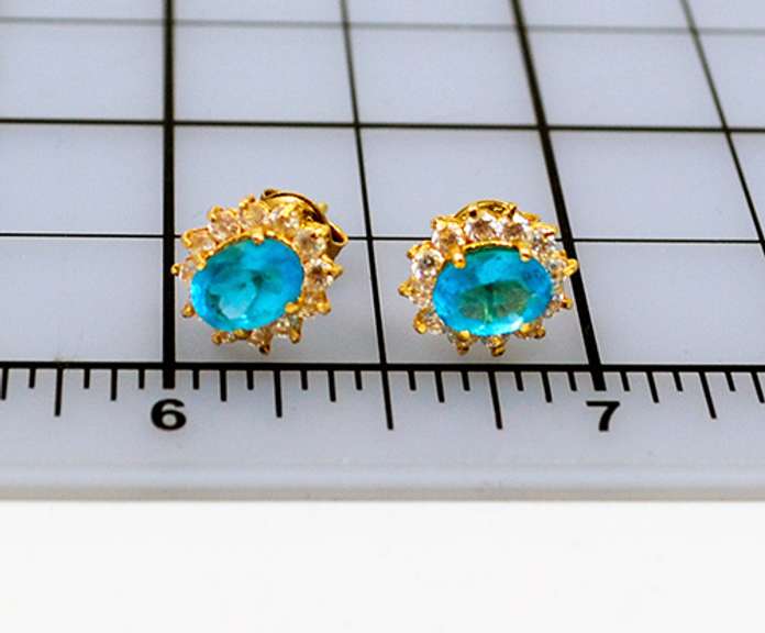 Vintage 14K Yellow Gold Stud Earrings With Oval Blue Topaz Stone and Diamond Accents