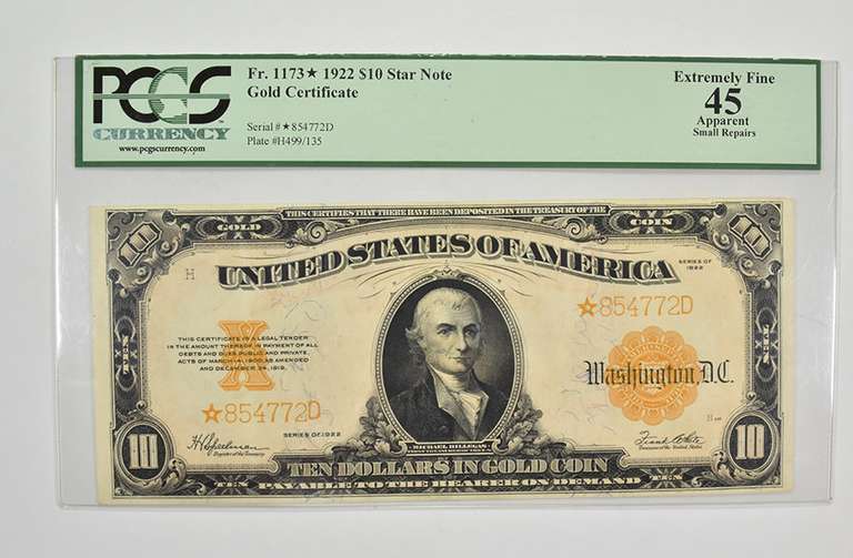 $10 1922 US Gold Certificate LG Note PCGS 45 XF Apparent Small Repairs