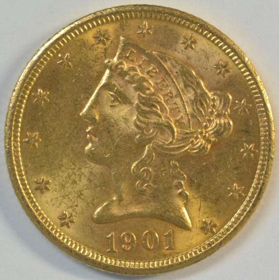 Fully struck Choice BU 1901 $5 Liberty Gold Piece. Nice