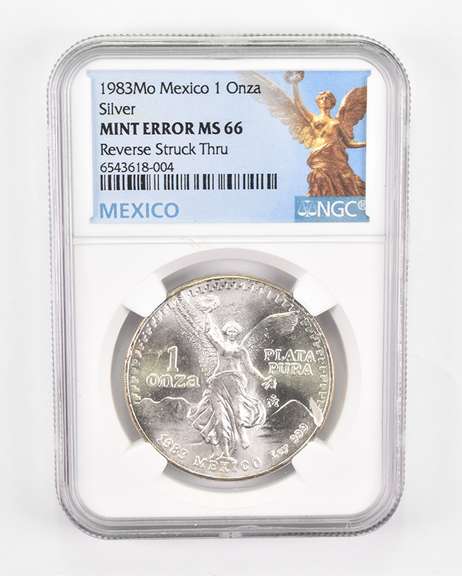 Error MS66 1983 Mo Mexico 1 Silver Onza REV Struck Thru Graded NGC