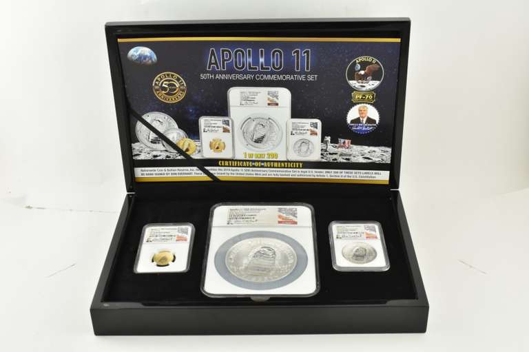 PF70 2019 Apollo 11 $1 $5 Gold Silver 5 Oz Commem. Set Everhart NGC