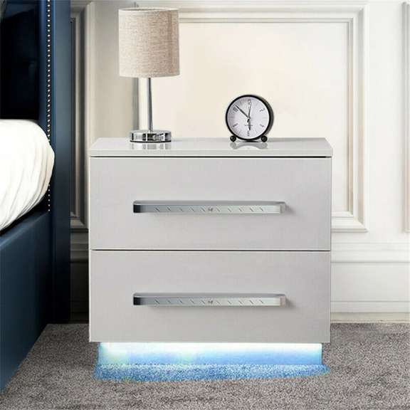 High Gloss LED Light Nightstand With 2 Drawers