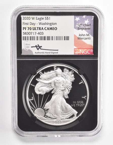PF70 UCAM 2020-W American Silver Eagle 1st Day Washington Signed NGC