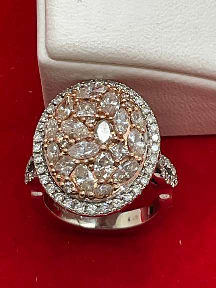 certified ladies 14k white gold and diamond ring with rose gold accent