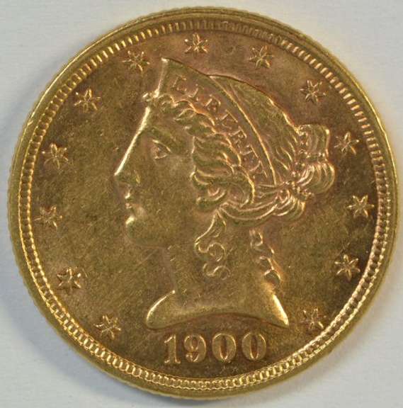 Fully struck BU 1900 US $5 Liberty Gold Piece